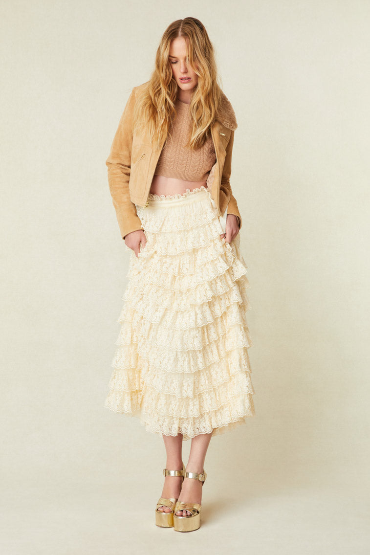 Cream ruffle lace midi skirt.