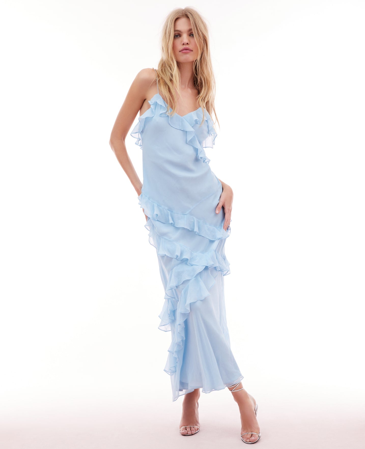 Model wearing the Rialto Silk Maxi Dress in Aqua Mist
