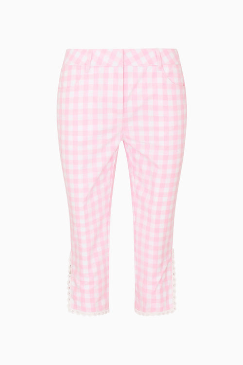 Pink gingham pants on a white background