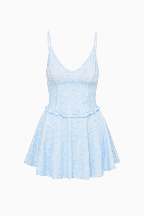 Light blue dress with a pattern on a white background