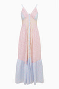 Long dress with pink and blue color pastel block design on a white background