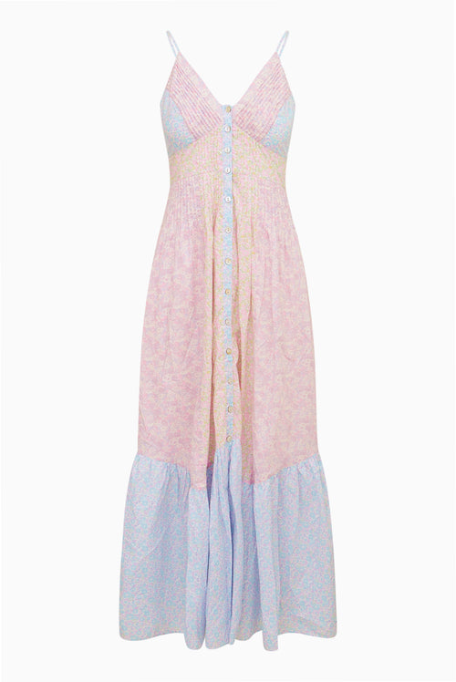 Long dress with pink and blue color pastel block design on a white background