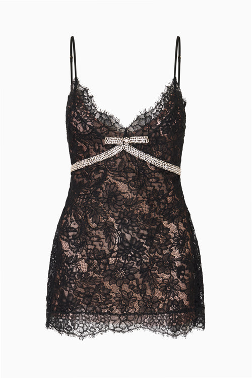 Eviara Lace Mini Dress with Crystal Bow