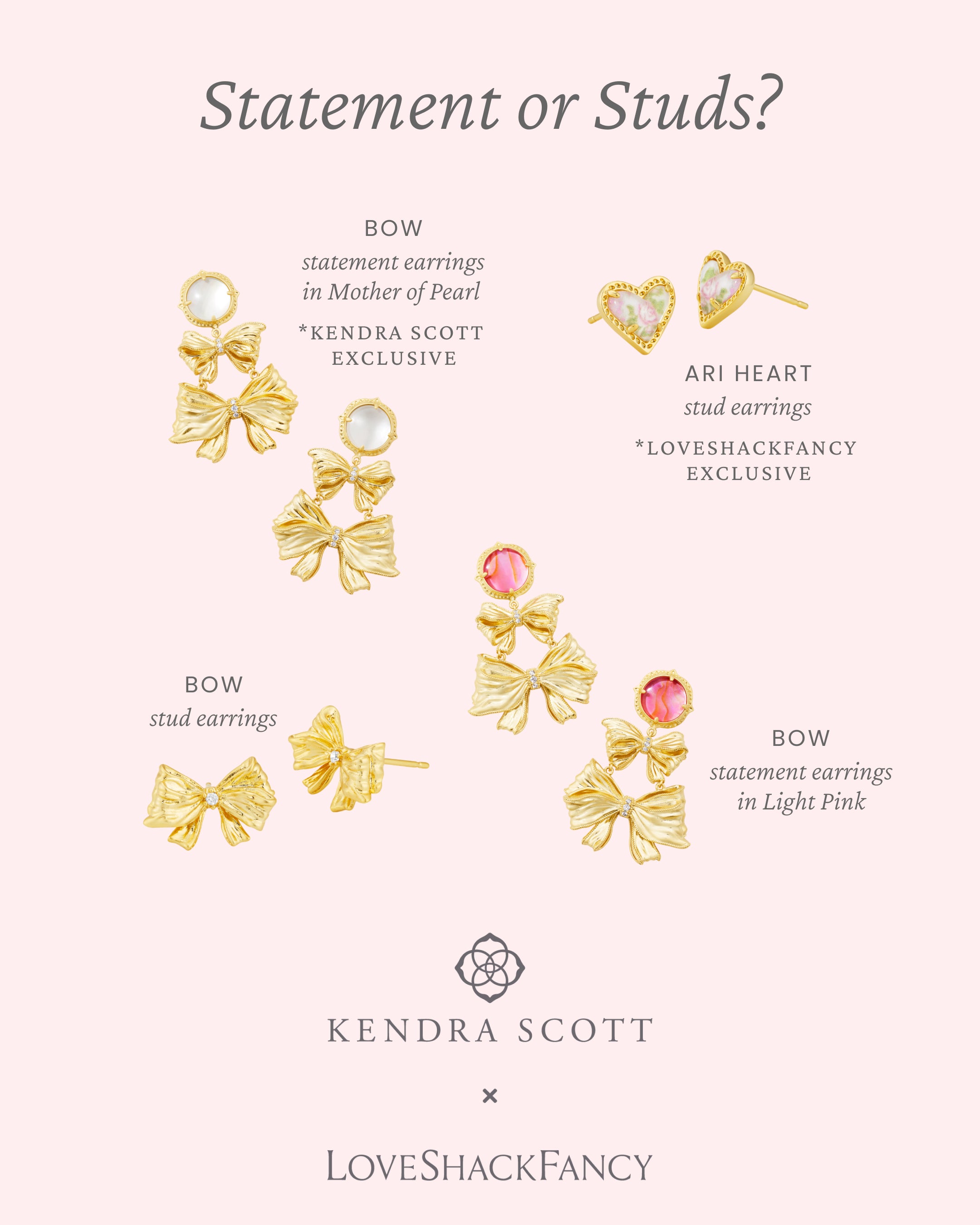Four sets of gold earrings from the Kendra Scott x LoveShackFancy collaboration