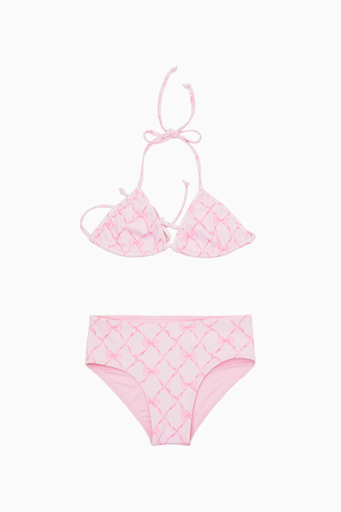 Pink bikini set with lattice bow pattern on a white background