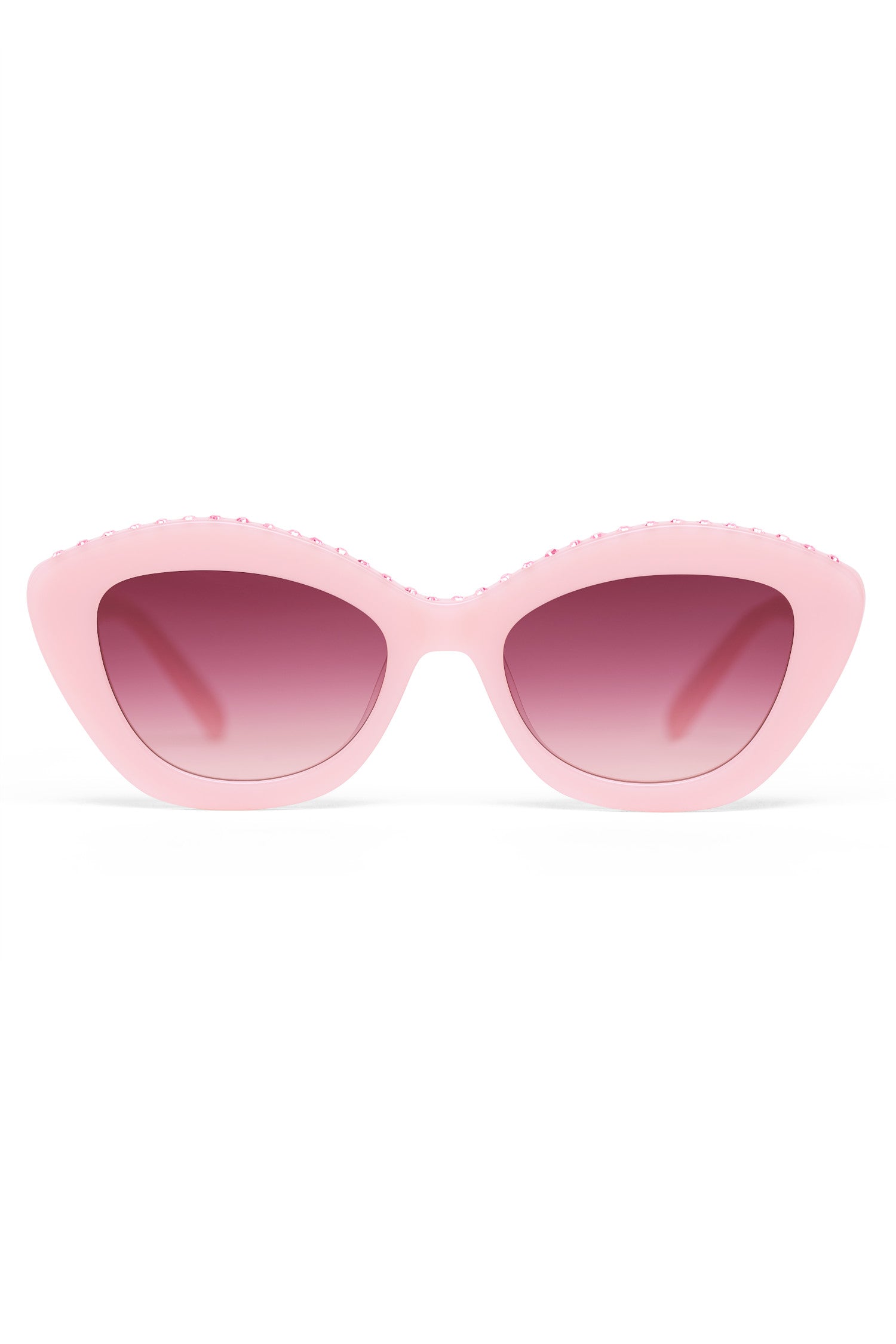 Pink Cat Eye Sunglasses with Rhinestones on top across bridge of nose and eyes.