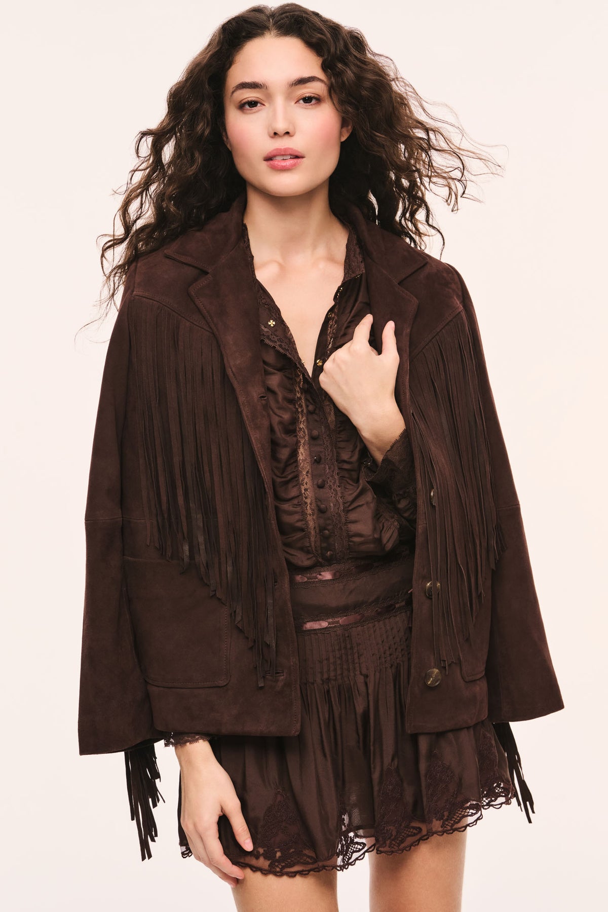 Geraline Chocolate Suede Fringe Jacket