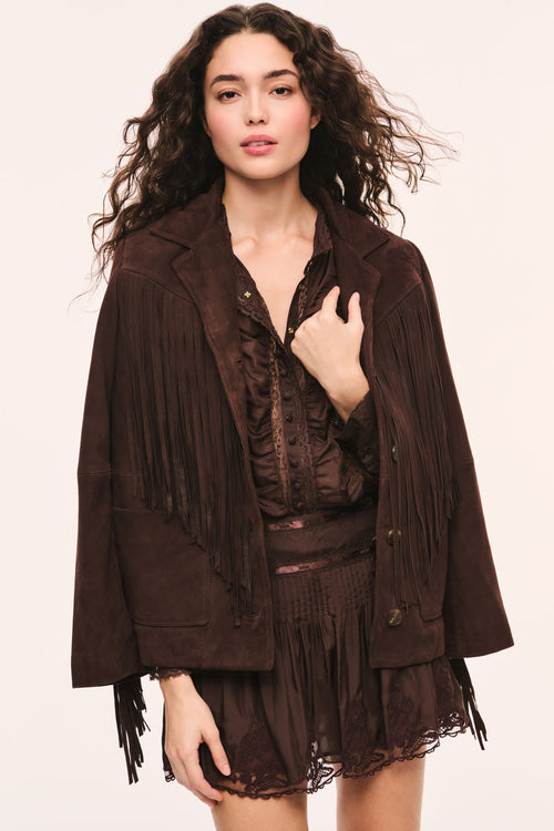 Geraline Chocolate Suede Fringe Jacket