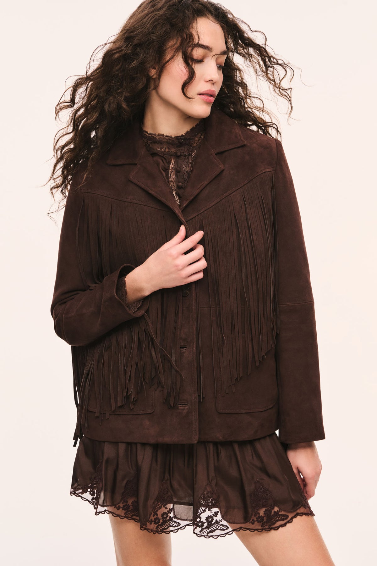 Geraline Chocolate Suede Fringe Jacket