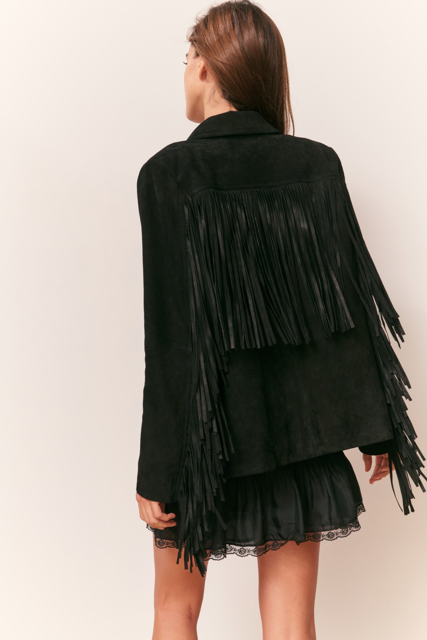 Geraline Black Suede Fringe Jacket