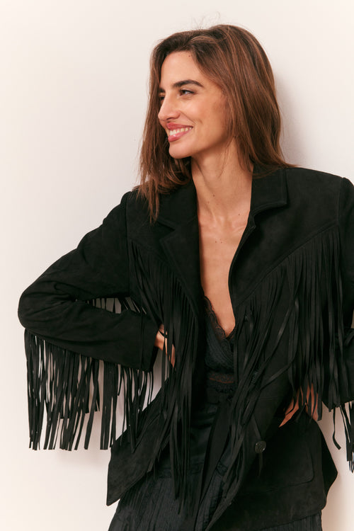 Geraline Black Suede Fringe Jacket