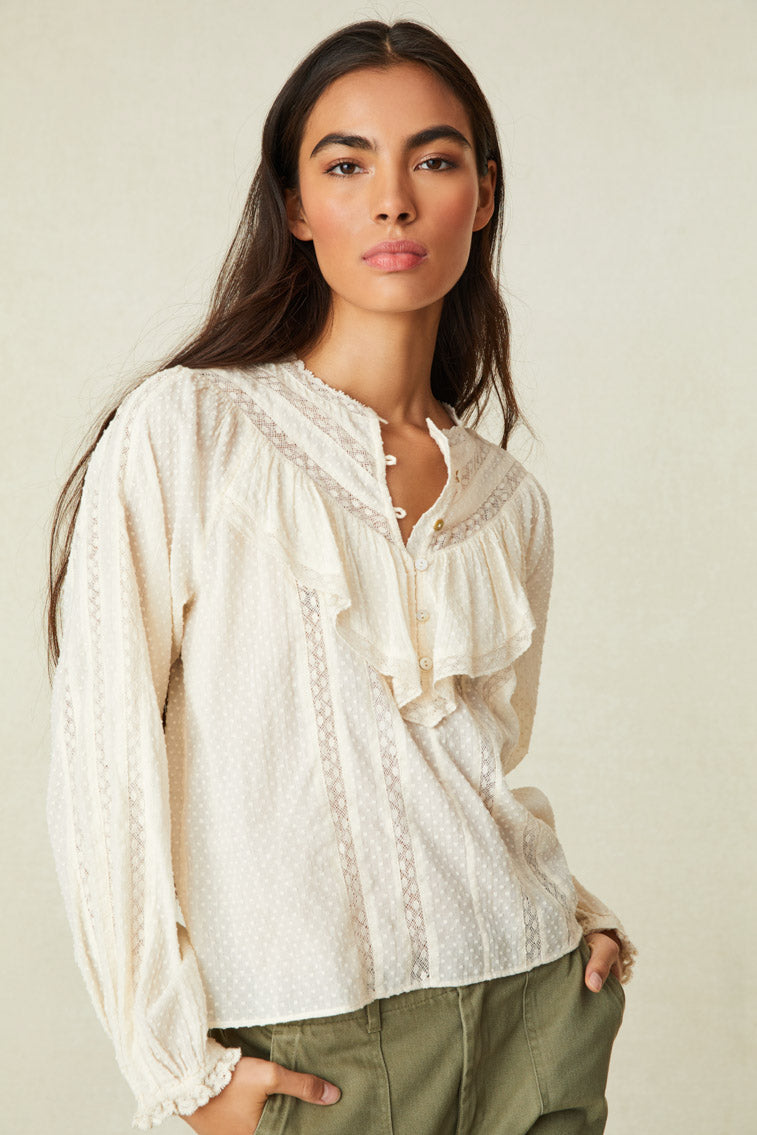 Bellow Blouse with Handkerchief silhouette at neck-  lightweight cotton dotted dobby fabric with intricate custom laces interwoven throughout