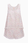 Floral-patterned sleeveless top and shorts pajama set on a white background