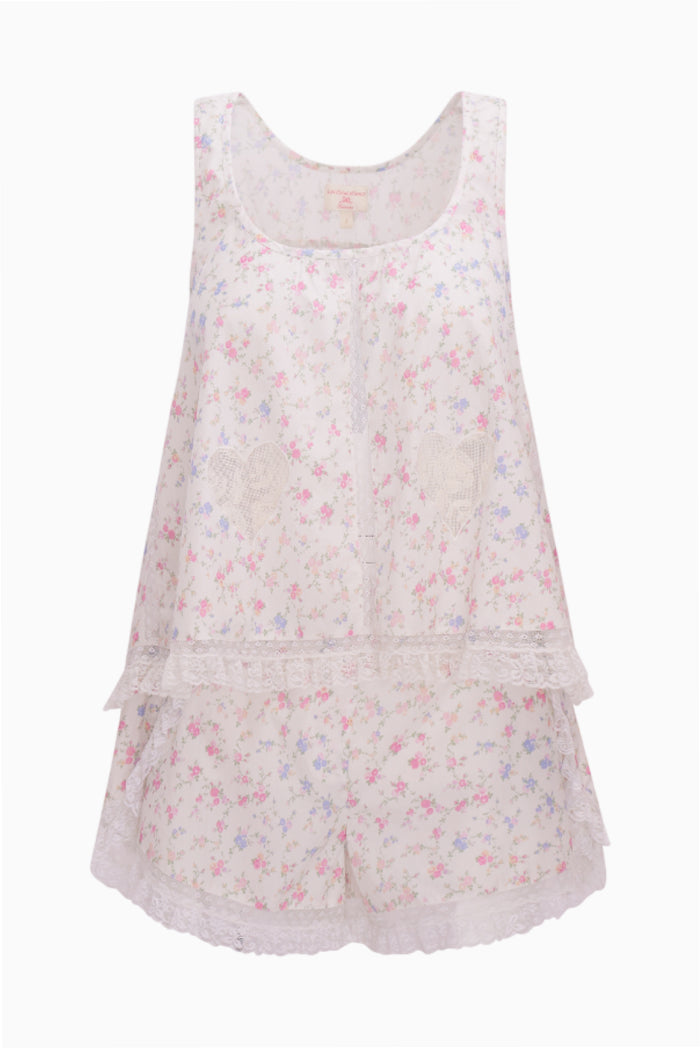 Floral-patterned sleeveless top and shorts pajama set on a white background - Customized