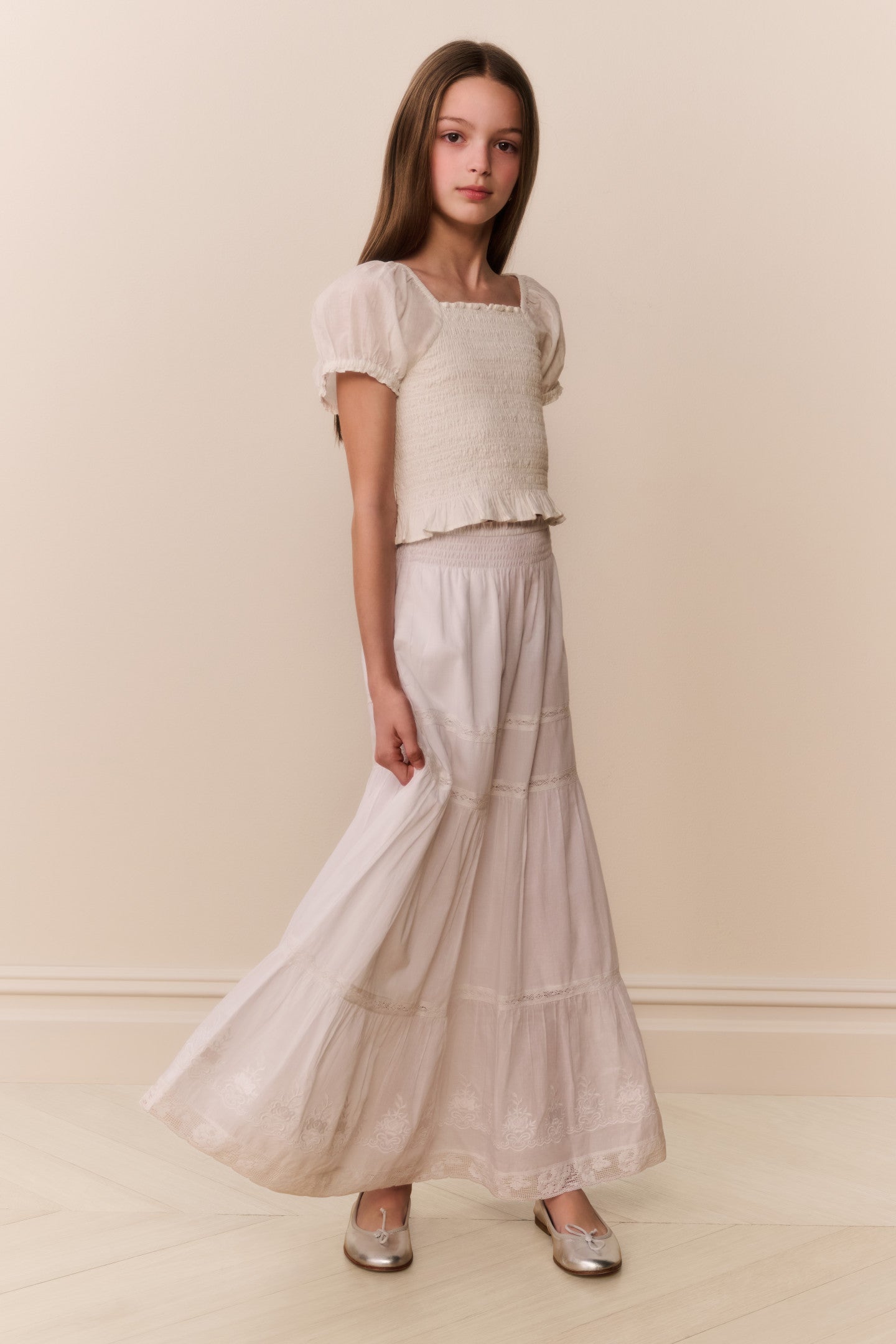 Girls Cotton Eyelet Embroidery Tiered Maxi Skirt | LoveShackFancy