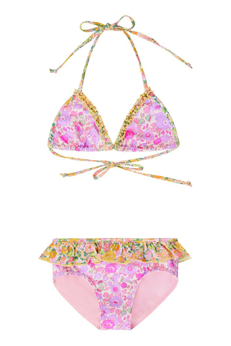 Girls two-toned floral printed two-piece bikini. The triangle top has ruffle lining the interior seams and halter ties. The bottom has a classic cut with a ruffle flounce.