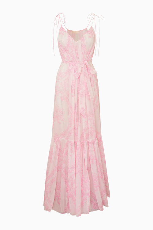 Pink and white floral dress on a white background