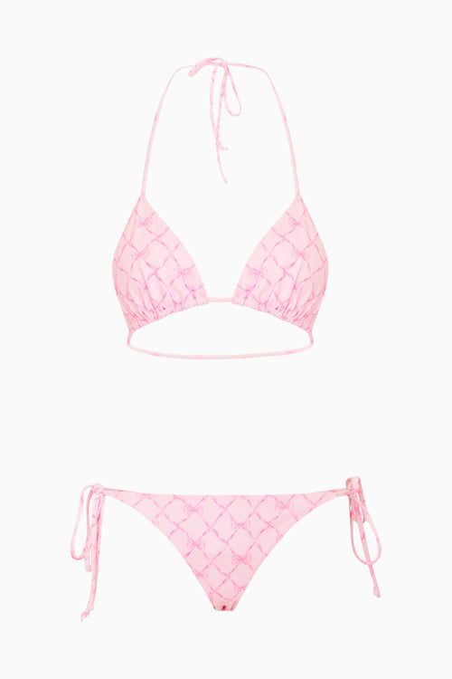 Pink bikini set with a textured pattern on a white background