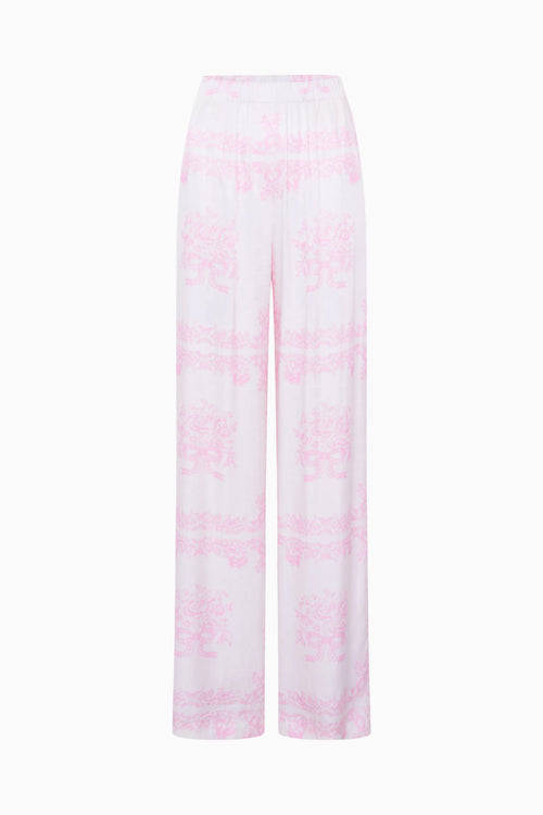 Pink and white patterned pants on a white background