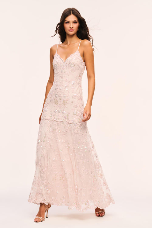 Averine pale rose lace midi dress with thin straps, layered ruffle hem and sparkle detail