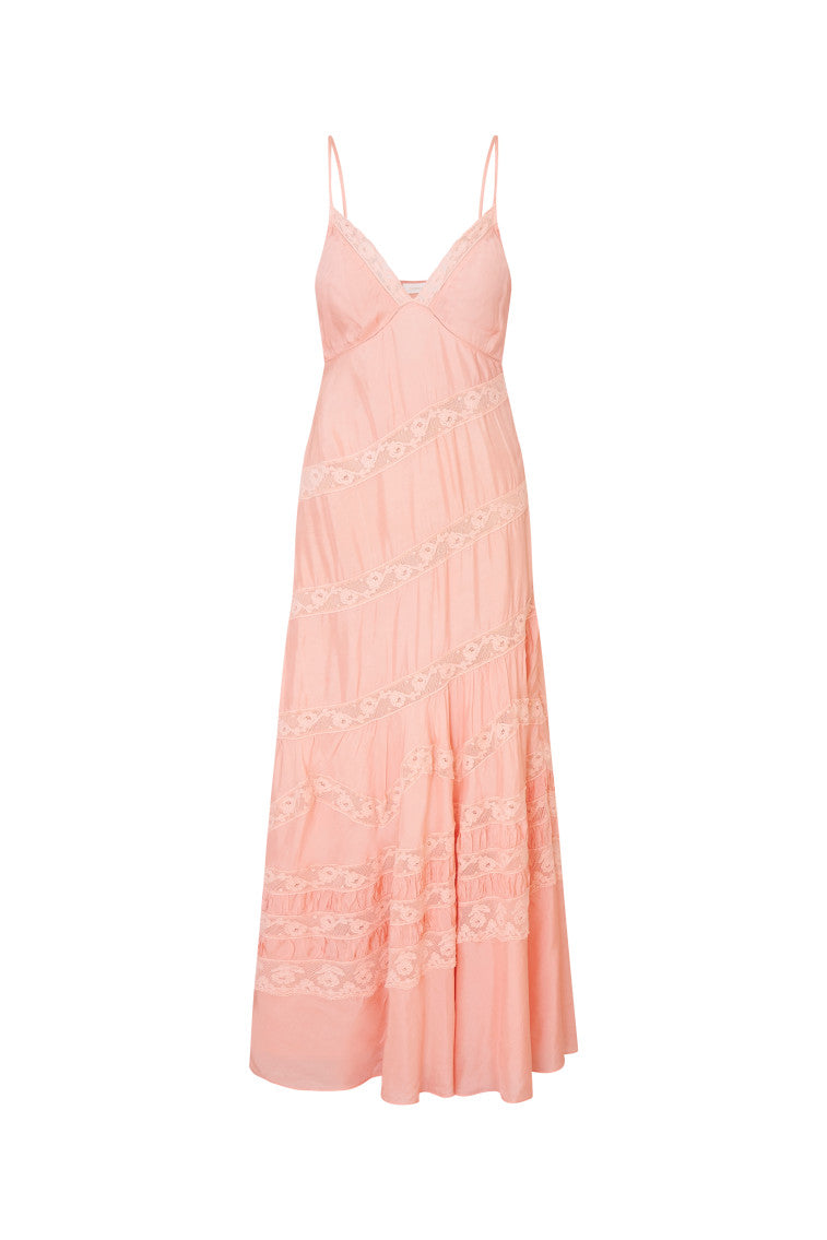 Maxi dress featuring a custom lace throughout and a beautiful V-neck line.