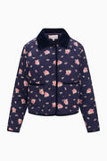 Quilted floral zip jacket with stand collar, dark navy with pink blossoms and front pockets