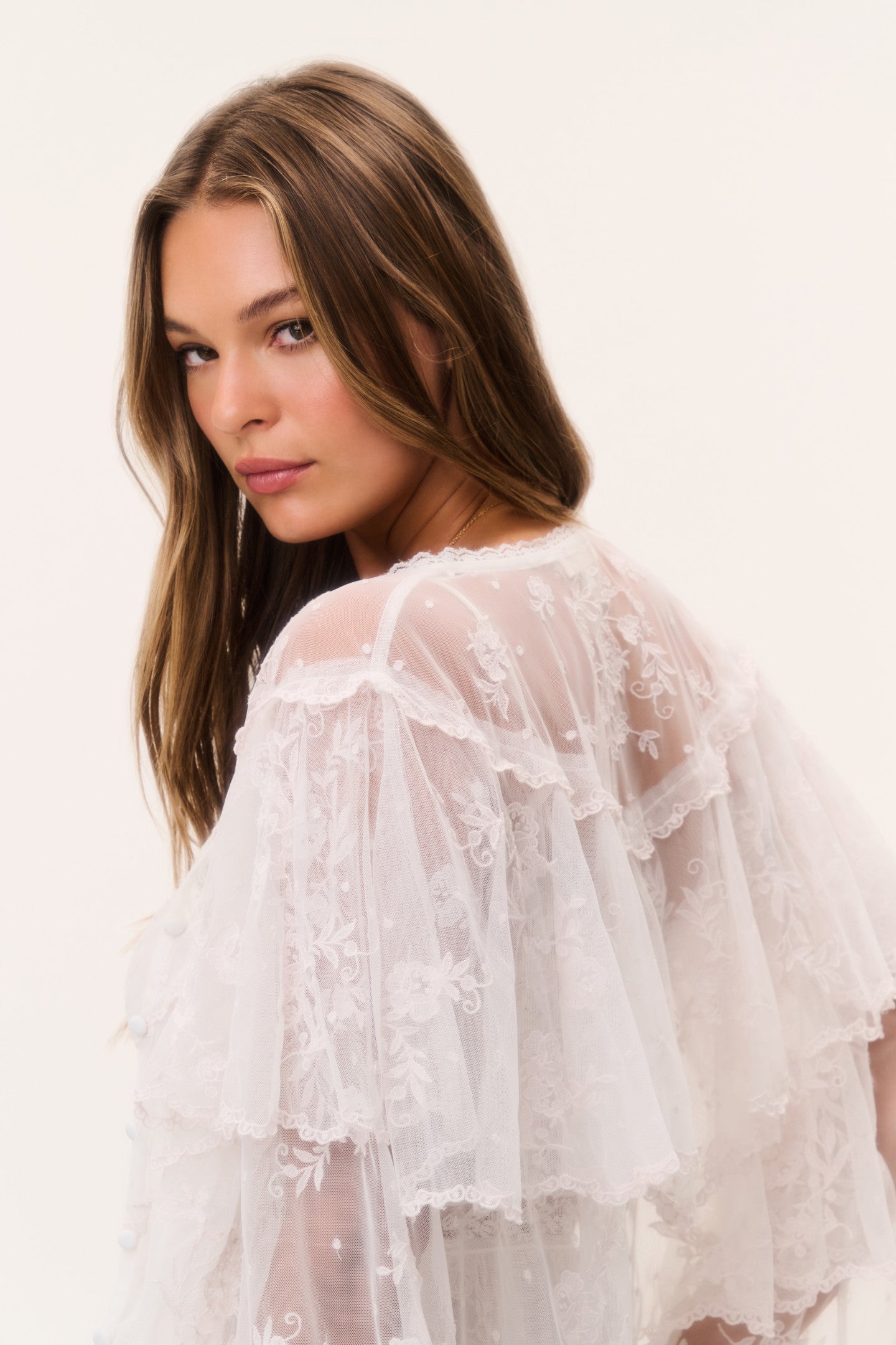 Floral Lace Long Sleeve Cropped Ruffle Blouse | LoveShackFancy