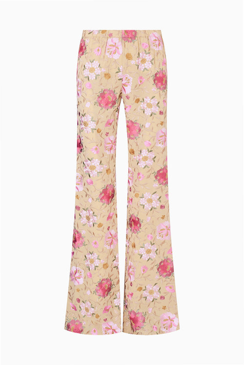 Floral wide-leg pants with embroidered blossoms, beige base with pink floral print