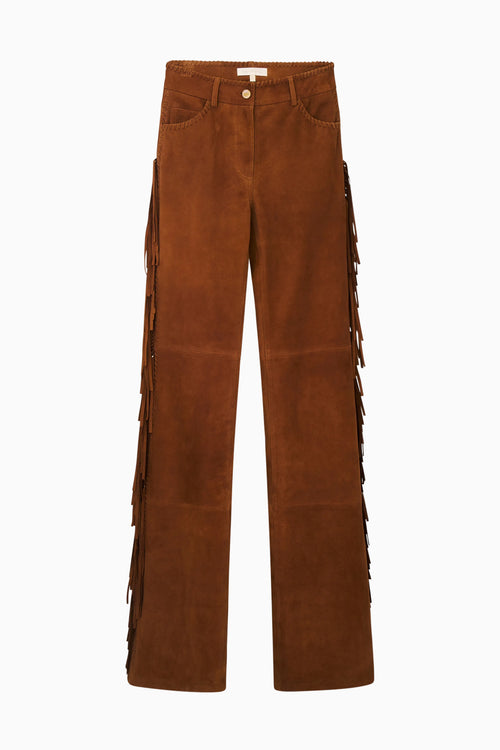 Brown suede pants with fringe details on a white background