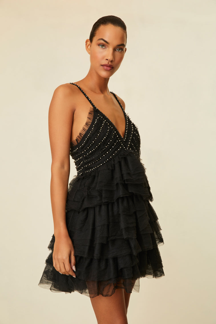 mini Dress features a ruched body adorned with crystal embellishments and a flirty multi-tiered tulle skirt.