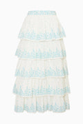 Blue and white tiered maxi skirt on white background