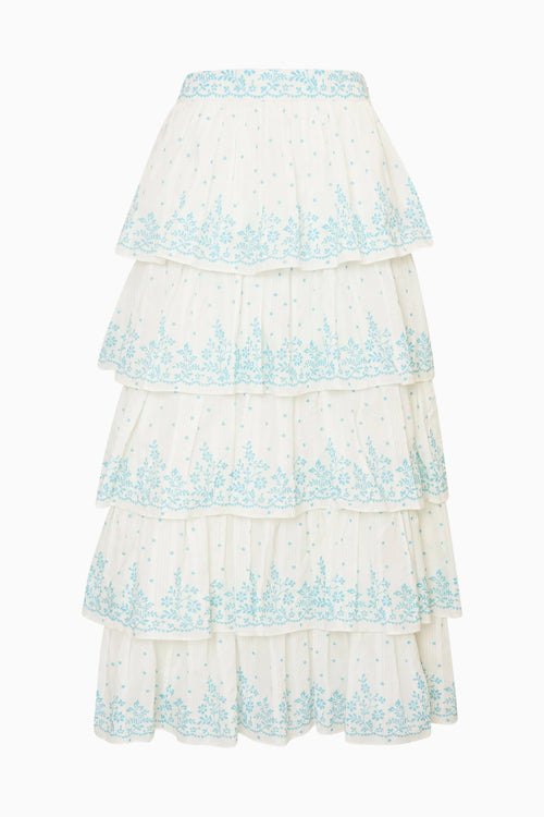 Blue and white tiered maxi skirt on white background