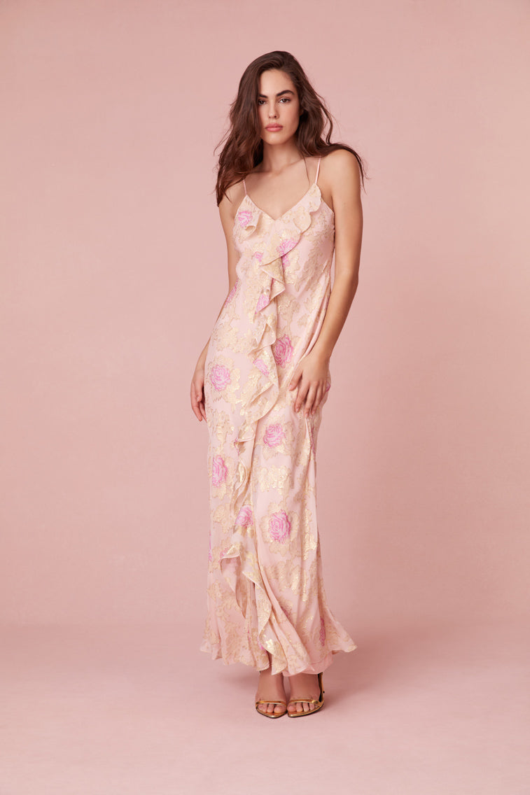  Deep V maxi dress complemented by delicate ruffles 