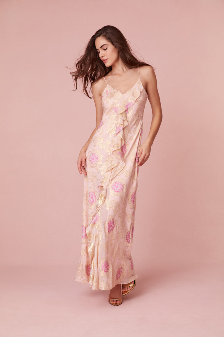  Deep V maxi dress complemented by delicate ruffles 