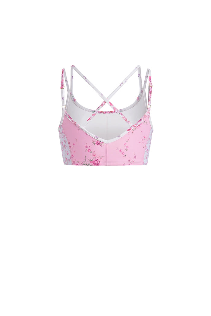Pink floral bra with seamless double straps and a flattering scoop neck.