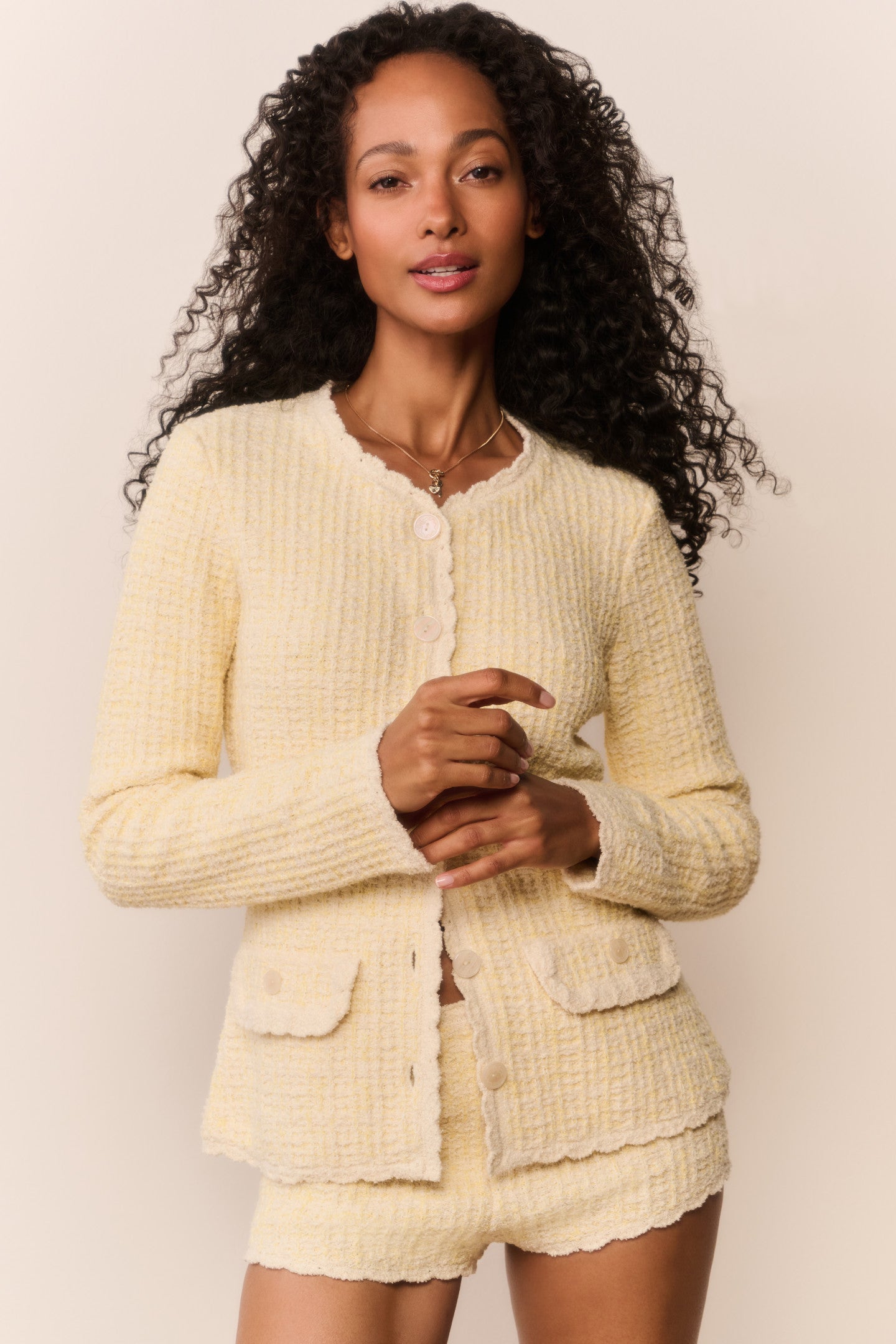 Tweed Knit Long Sleeve Scallop Trim Cardigan | LoveShackFancy