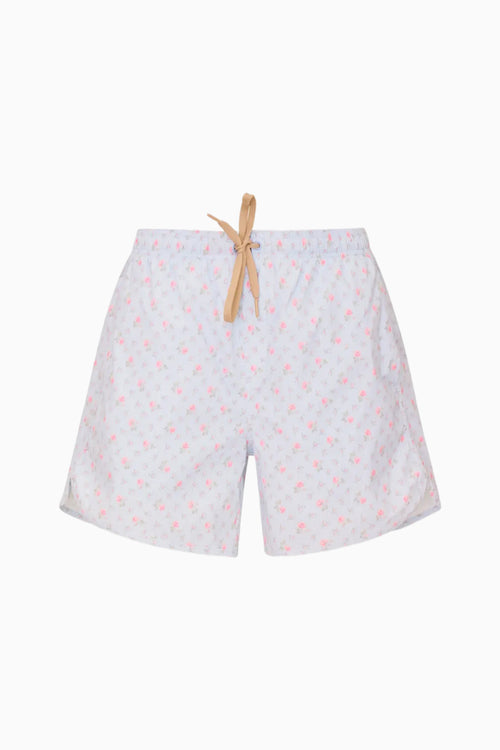Light blue swim shorts with a subtle pattern on a white background