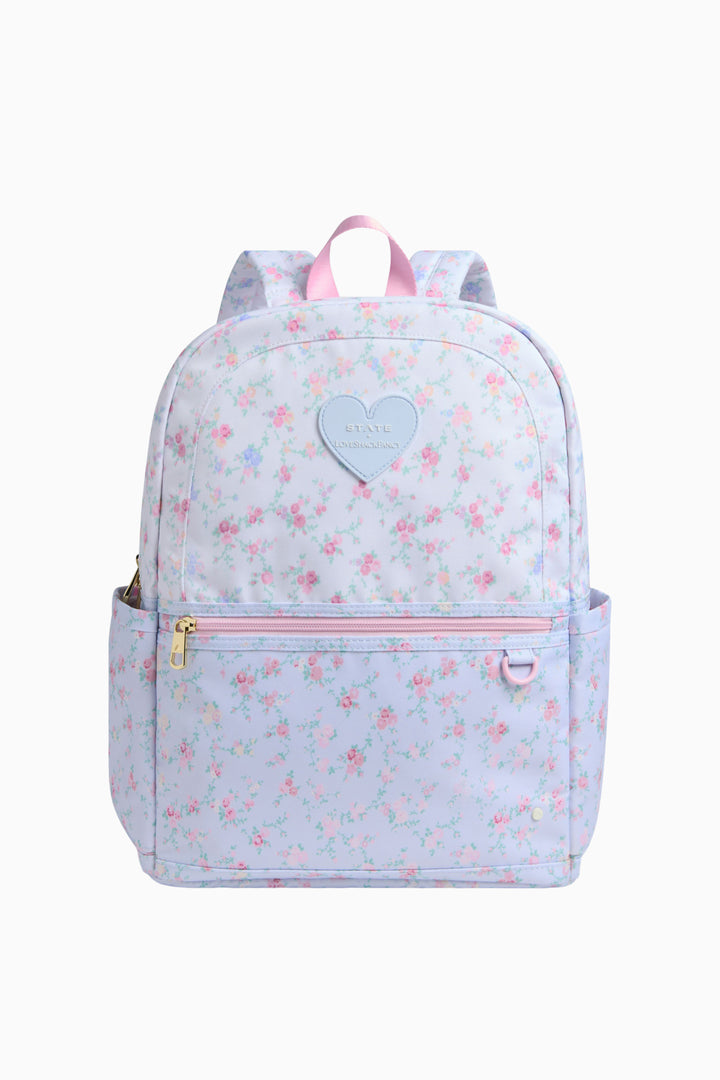 Backpack with floral pattern and heart design on a white background