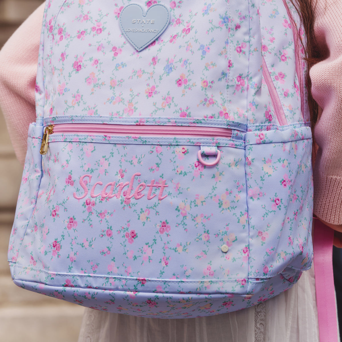STATE Pink and Blue Floral Canvas Backpack LoveShackFancy collaboration STATE Bags | STATE x LoveShackFancy Kane Double Pocket  main image 3