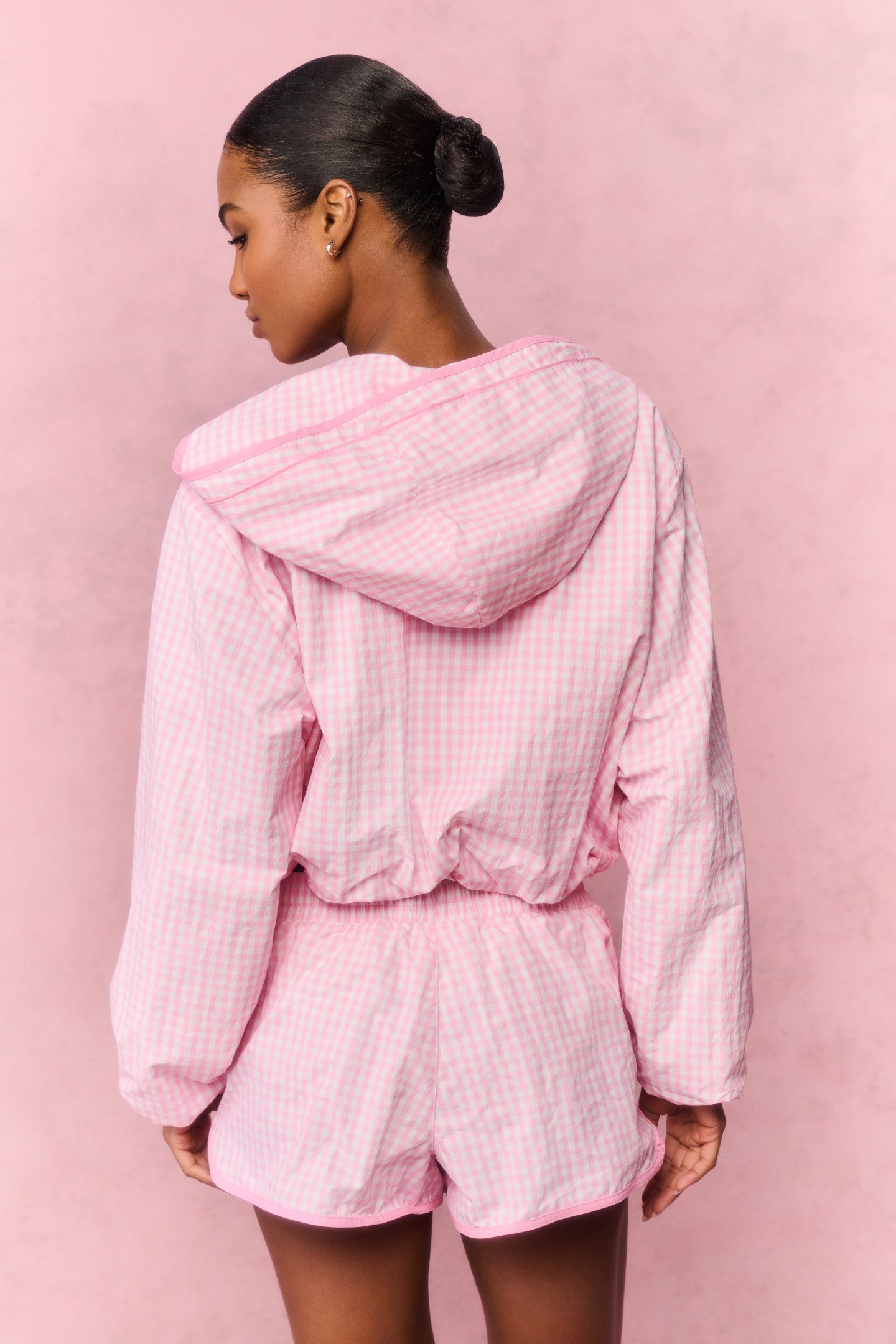 Gingham Hooded Long Sleeve Cropped Windbreaker Jacket | LoveShackFancy