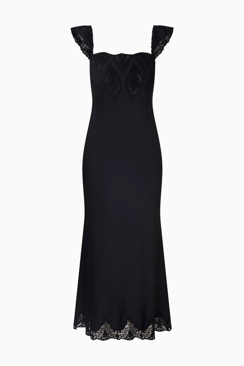 Black dress with lace details on a white background