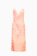 Peach sequin sleeveless midi dress on a white background