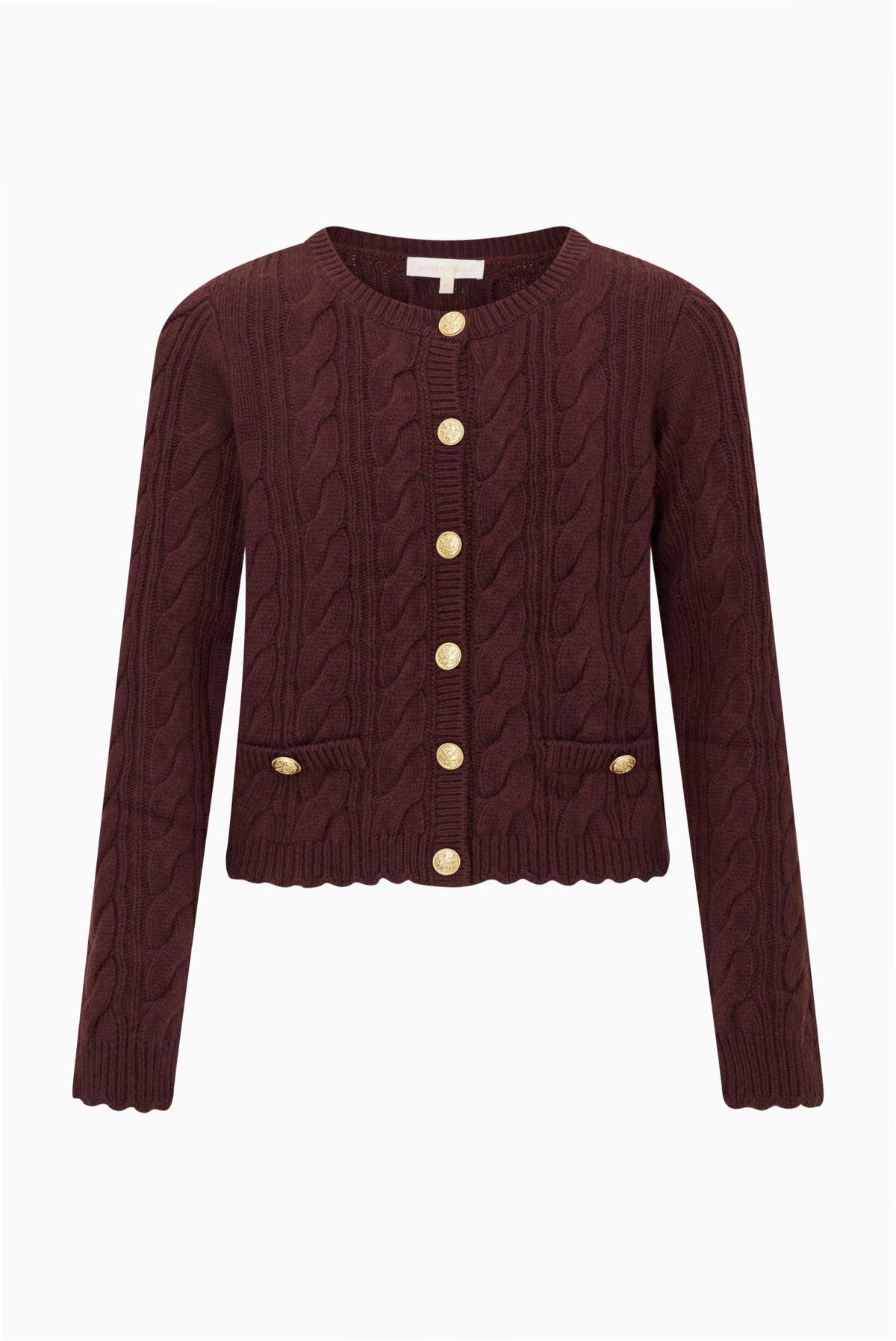Tween cable-knit cardigan in dark red with gold button front and long sleeves