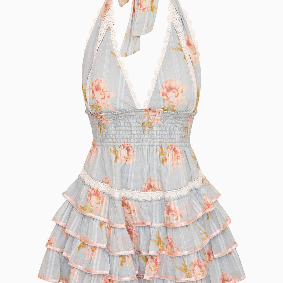 LoveShackFancy Women's Kerch Mini Halter Dress - Blue - Size L - Rustic Sky LoveShackFancy Women's Kerch Mini Halter Dress - Blue - Size L - Rustic Sky