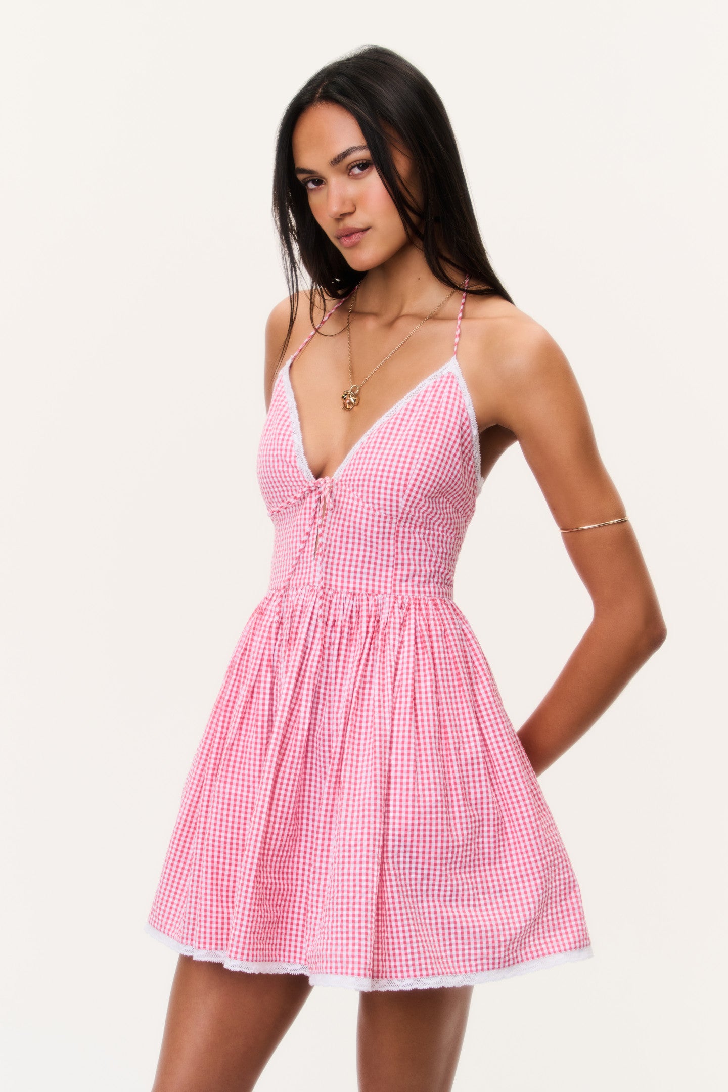 Gingham Lace Ruffle Halter Neckline Mini Sundress | LoveShackFancy
