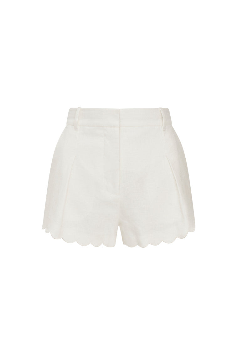 Linen shorts featuring pockets on the sides, center front fly, and a scallop detail at the hem and at the belt loops.