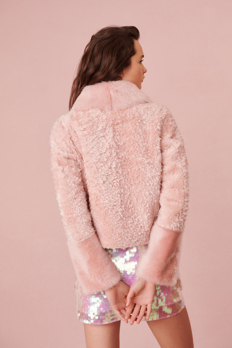 Textured shearling jacket with patch pockets.