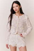 Woman wearing a white lace jacket and shorts outfit on a plain background