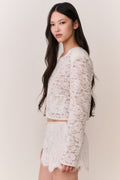 Woman wearing a white lace jacket and shorts outfit on a plain background