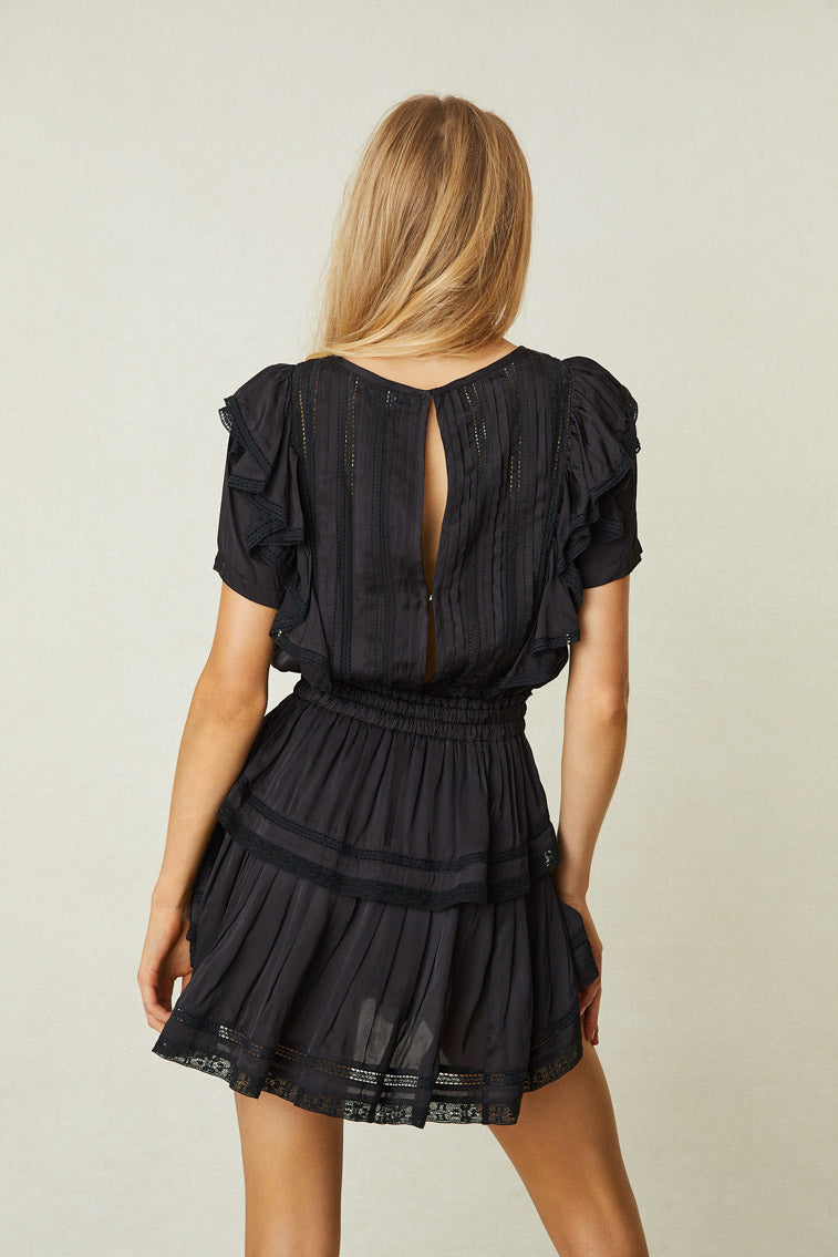 Back image of black mini dress. Shows closure at back that leave some open back